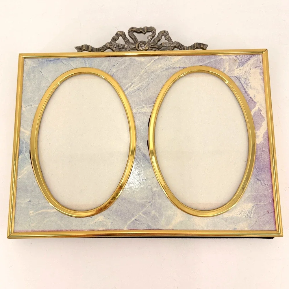 Burnes Vintage Double Picture Frame Marbled Blue Purple Gold‎ Tone Bow Detail